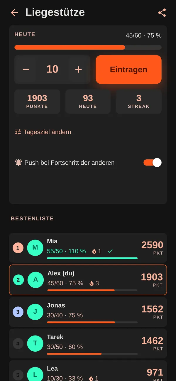 Challenge Liegestütze mit Tagesziel, Punkten, Streak und Bestenliste