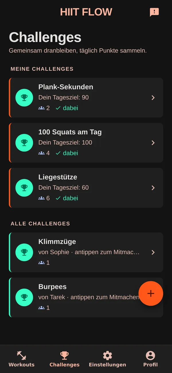 Übersicht der Challenges in HIIT FLOW